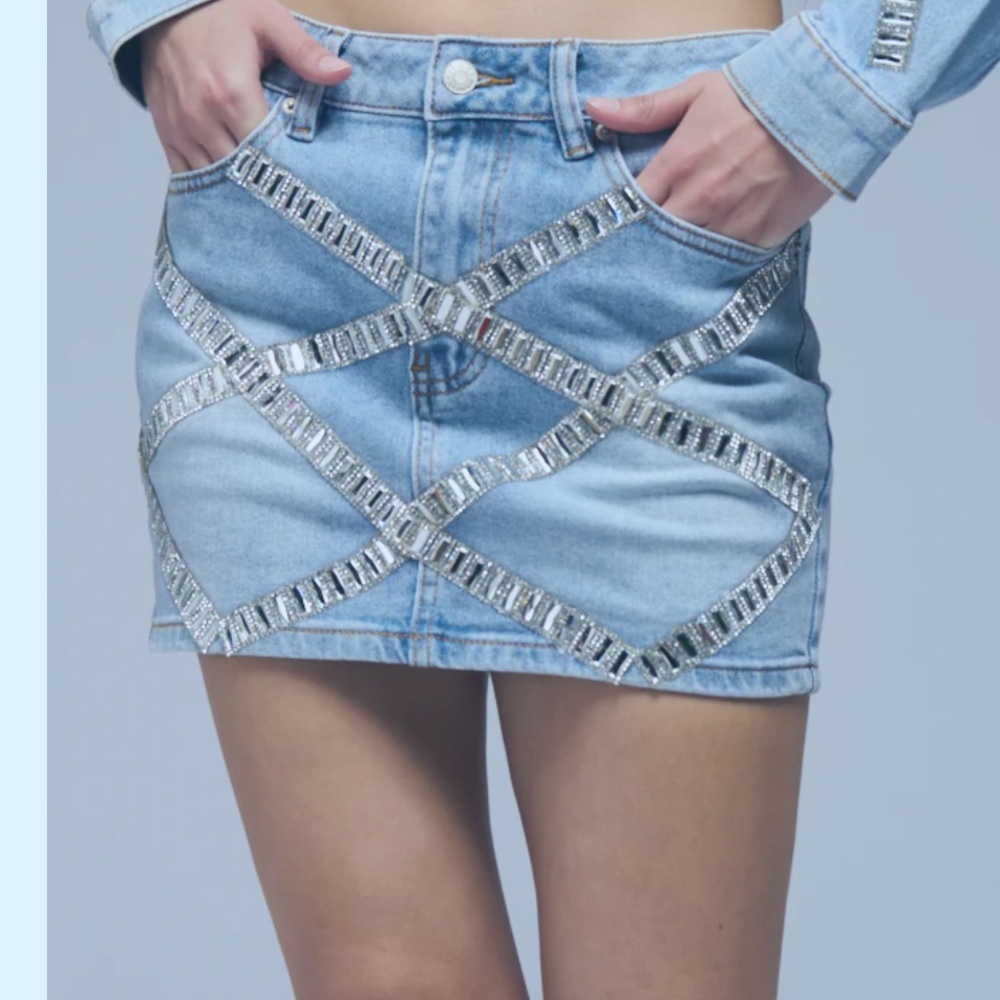 AKIRA Embellished Light Blue Denim Mini Skirt. (Mix25) - Picture 1 of 4